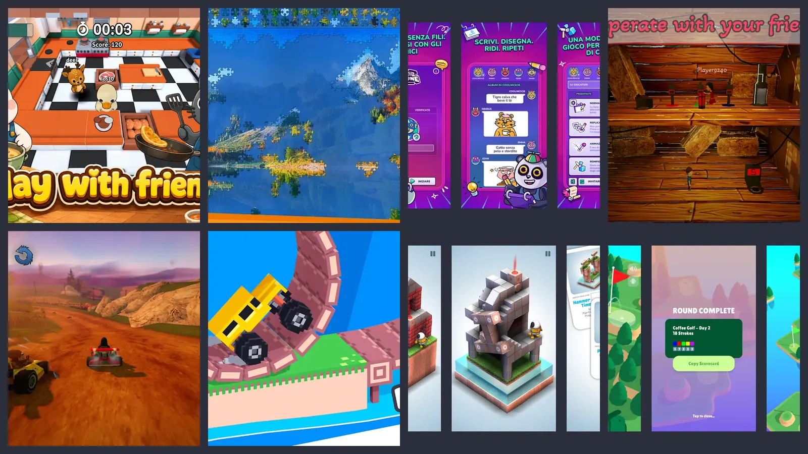 Composizione con otto scene di gioco tratte dai titoli cooperativi selezionati da MultiplayerGo