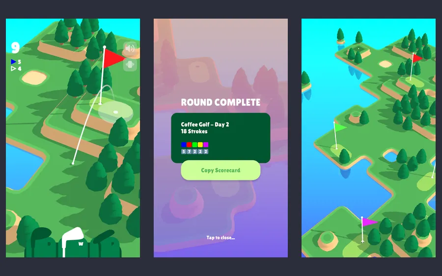 Percorsi minimali di Coffee Golf con buche, alberi e laghetti visti dall'alto