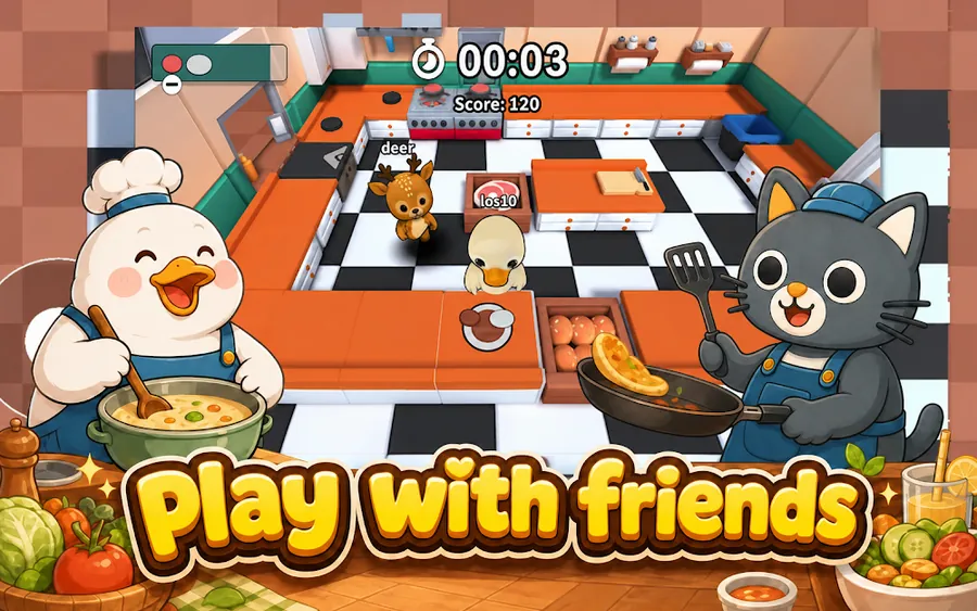 Scena di gioco di Kitchen Together 2 con due cuochi che preparano ordini nella stessa cucina