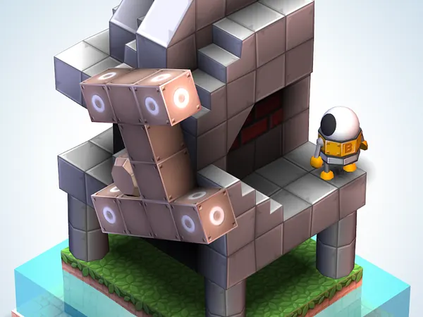 Diorama di Mekorama con il robottino su una struttura di blocchi