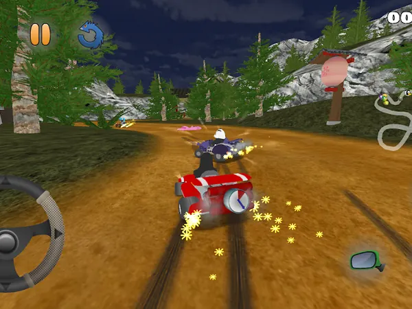 Pista di SuperTuxKart con kart colorati in curva