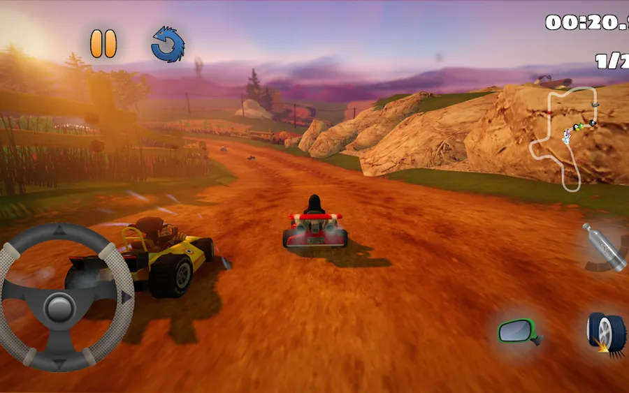 Gara di SuperTuxKart su una pista sterrata al tramonto con kart in fila